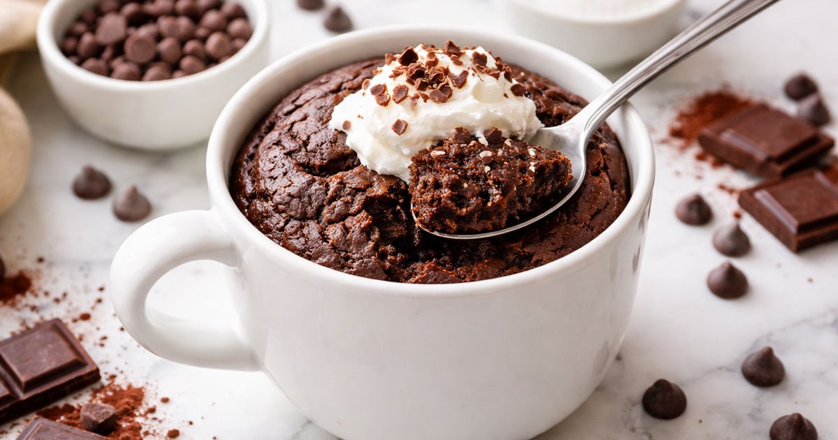 Keto chocolate mug cake topped with whipped cream and chocolate shavings in a white cup.