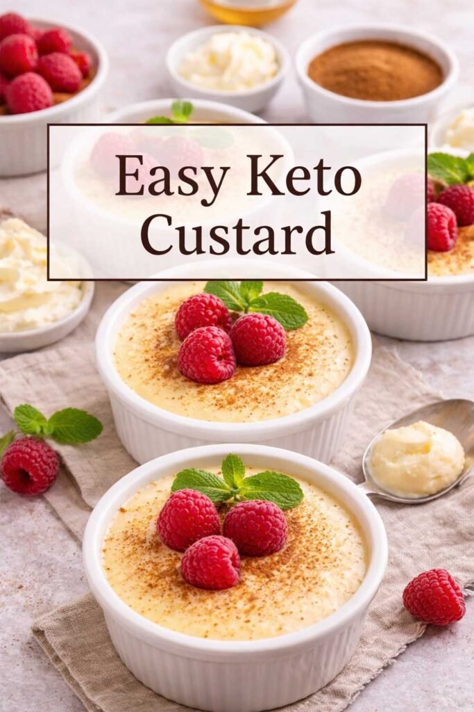 Easy keto custard in white ramekins with raspberries and cinnamon, title centered in box.