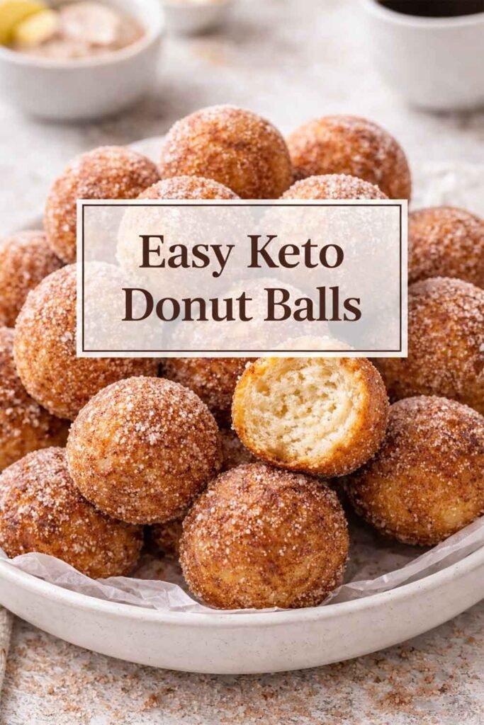 Easy Keto Donut Balls with cinnamon coating on a plate, center label text displayed.