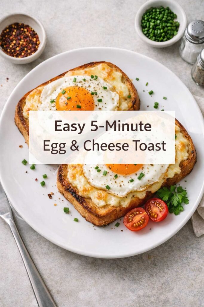 Egg and cheese toast with centered title text overlay on a vertical food poster.