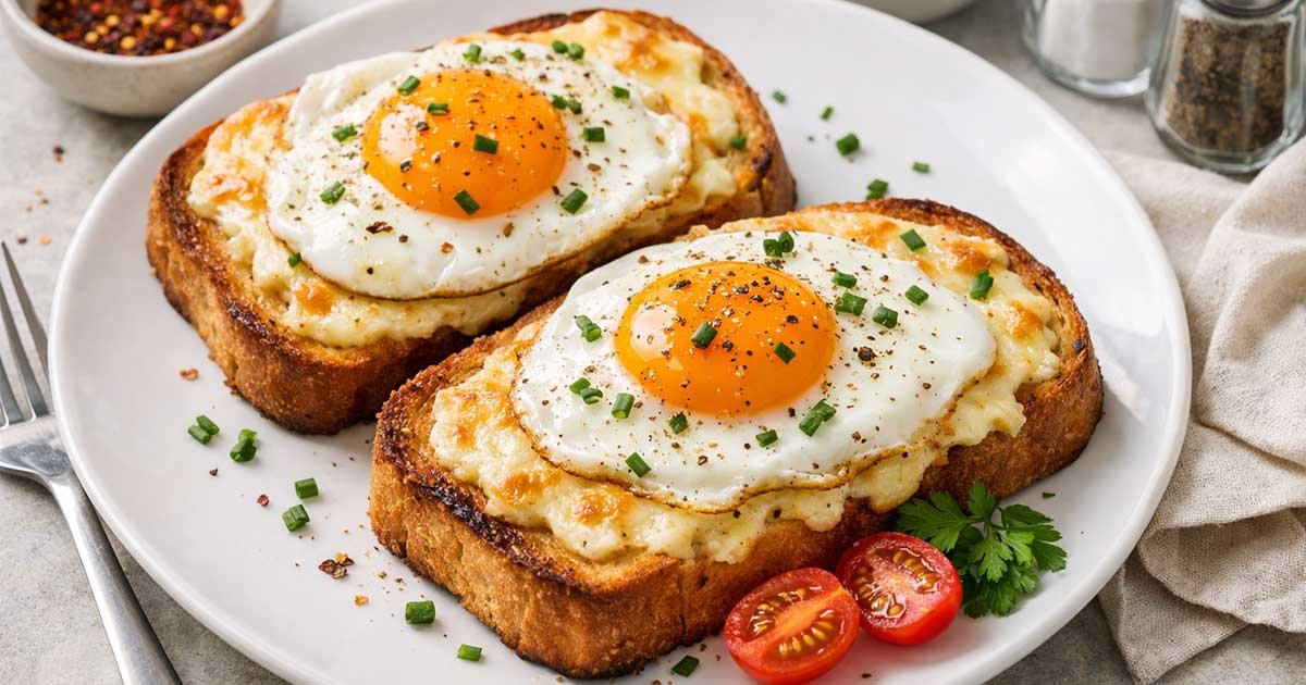 Fried eggs with melted cheese on crispy toast, served on a white plate with herbs and cherry tomatoes.