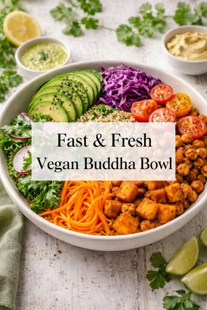 Vegan Buddha bowl with quinoa, chickpeas, sweet potatoes, avocado, and fresh vegetables, with title text overlay in center.