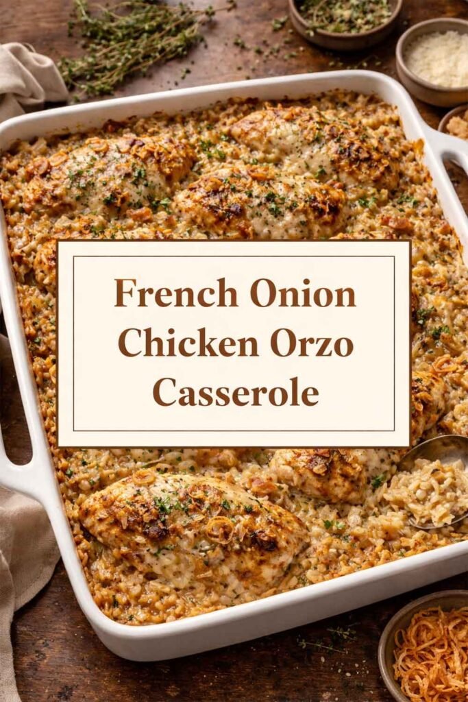 French onion chicken orzo casserole with creamy baked chicken and orzo, text label centered on image.