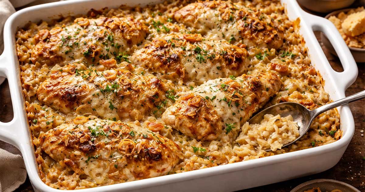 Creamy French onion chicken orzo casserole with golden baked chicken, melted cheese, and herbs in a white dish.