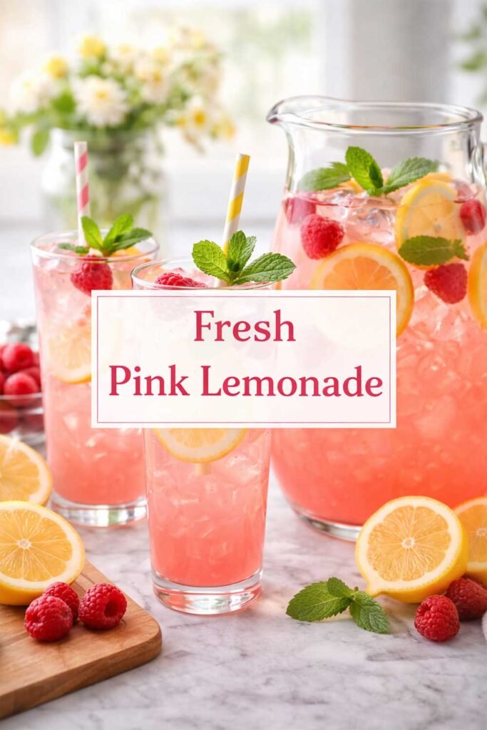 Vertical poster of fresh pink lemonade in glasses and pitcher with raspberries, lemon slices, mint, and centered text label.