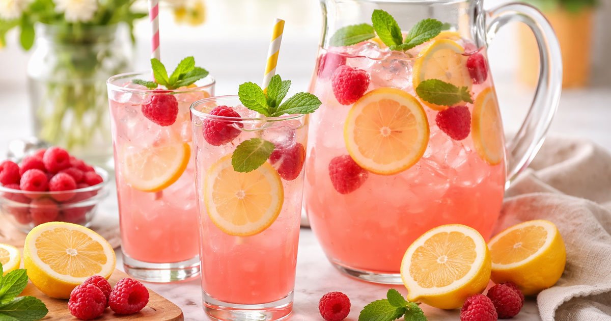 Glass pitcher and two glasses of fresh pink lemonade with lemon slices, raspberries, mint, and ice on a bright kitchen table.