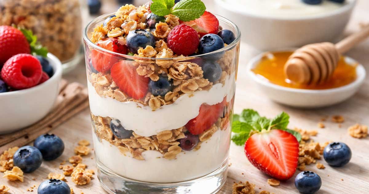 Fresh yogurt parfait layered with crunchy granola, strawberries, blueberries, and raspberries, topped with mint and honey.