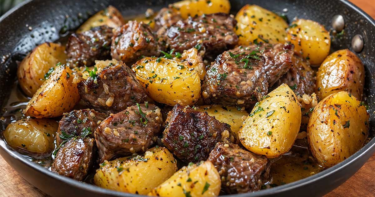 Juicy garlic butter beef cubes with golden roasted potatoes in a skillet, garnished with herbs.