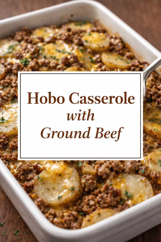 Poster of cheesy hobo casserole with ground beef and sliced potatoes