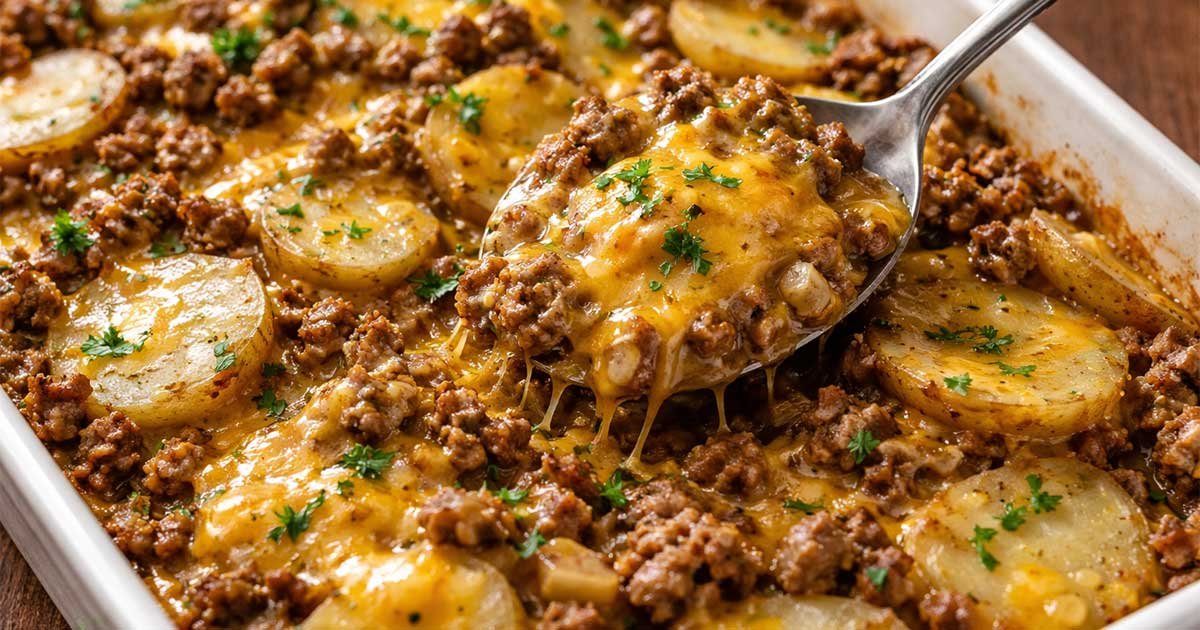Cheesy ground beef hobo casserole with sliced potatoes in a baking dish