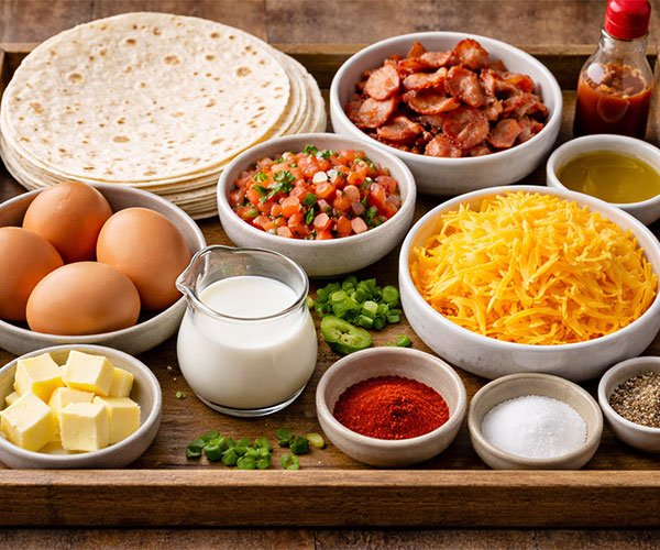 Ingredients for Bacon Egg Cheese Quesadillas arranged on tray with tortillas, eggs, bacon, cheese, milk, butter, spices, and salsa