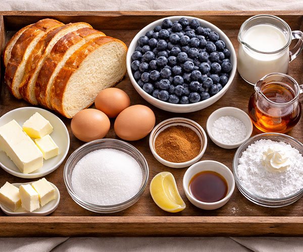 Ingredients for blueberry brioche French toast arranged on a tray, including brioche bread, blueberries, eggs, milk, sugar, cinnamon, butter, and syrup.