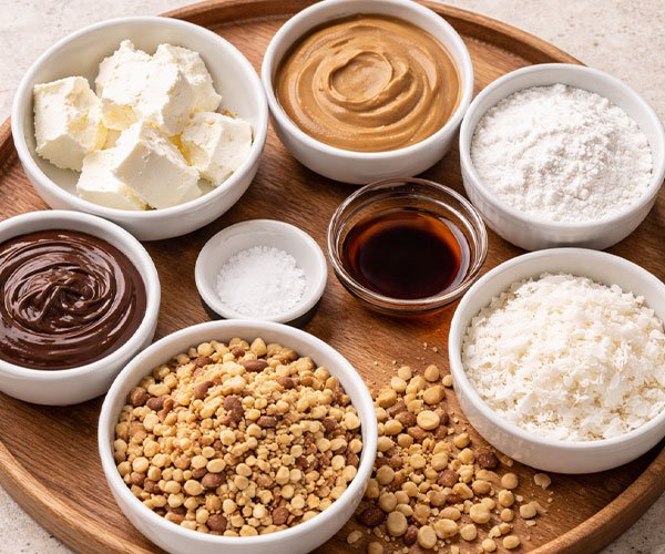 Keto cheesecake ingredients with peanut butter, cream cheese, and nuts