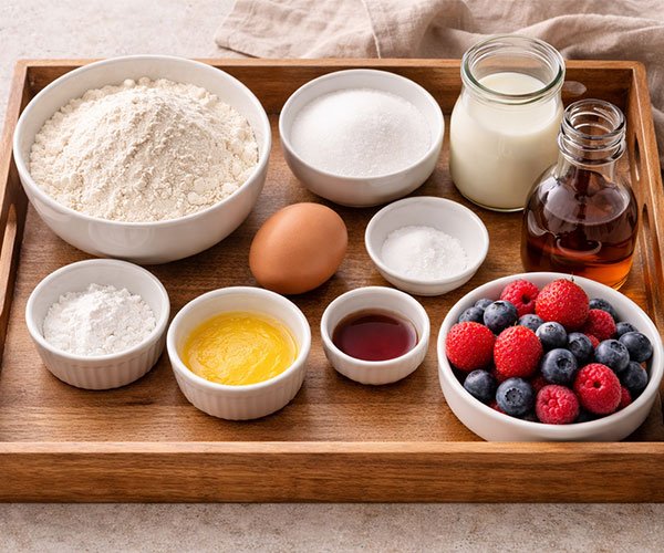 Baking ingredients for pancakes arranged neatly on a wooden tray, including flour, sugar, egg, milk, butter, vanilla, and fresh berries.