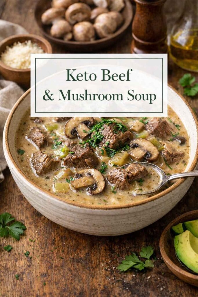 Poster-style image of creamy keto beef and mushroom soup in a rustic bowl with centered box text reading “Keto Beef & Mushroom Soup”.