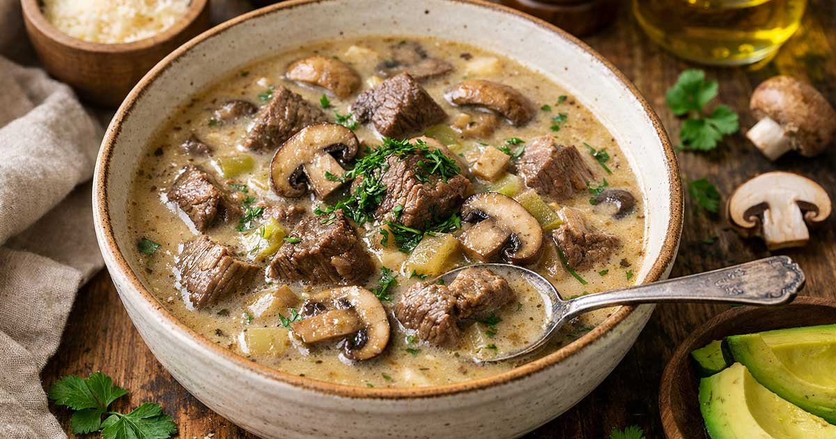 Cozy bowl of creamy keto beef and mushroom soup with parsley garnish on a rustic wooden table.