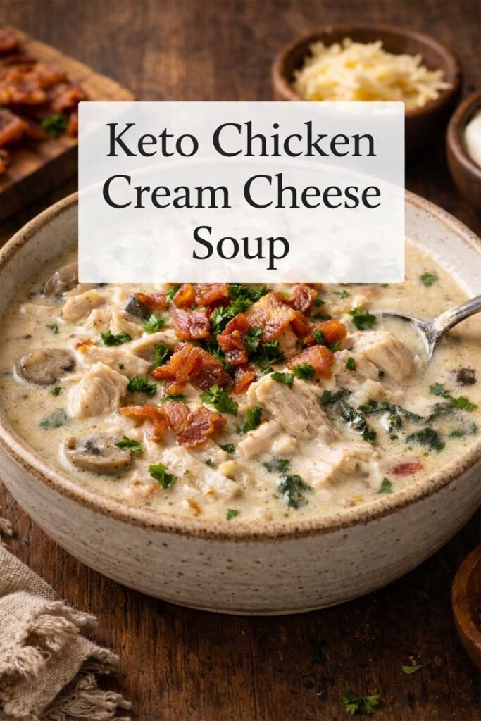 Poster-style image of creamy keto chicken cream cheese soup with title text in center box.