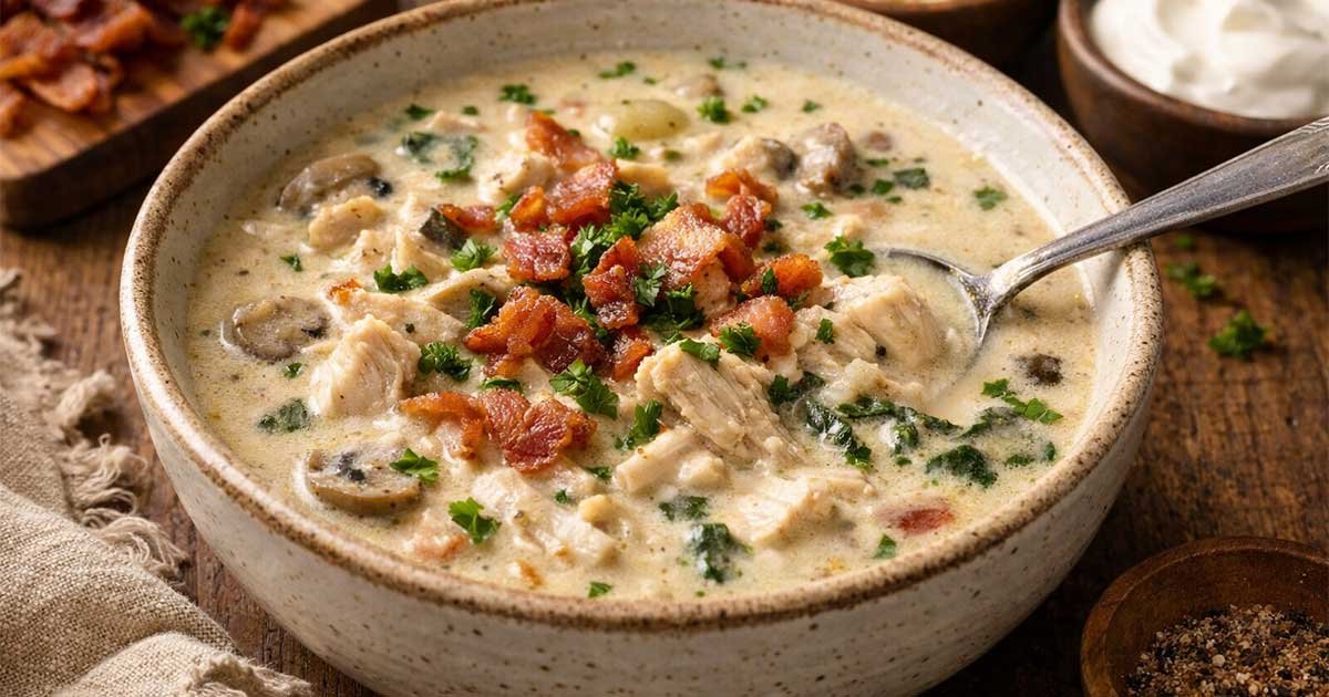 Creamy keto chicken soup topped with crispy bacon, herbs, and mushrooms in a rustic bowl.