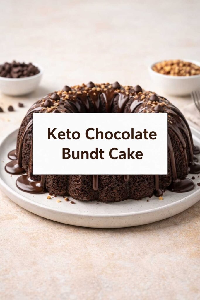 Keto chocolate Bundt cake with chocolate glaze, featuring a centered label reading “Keto Chocolate Bundt Cake”.