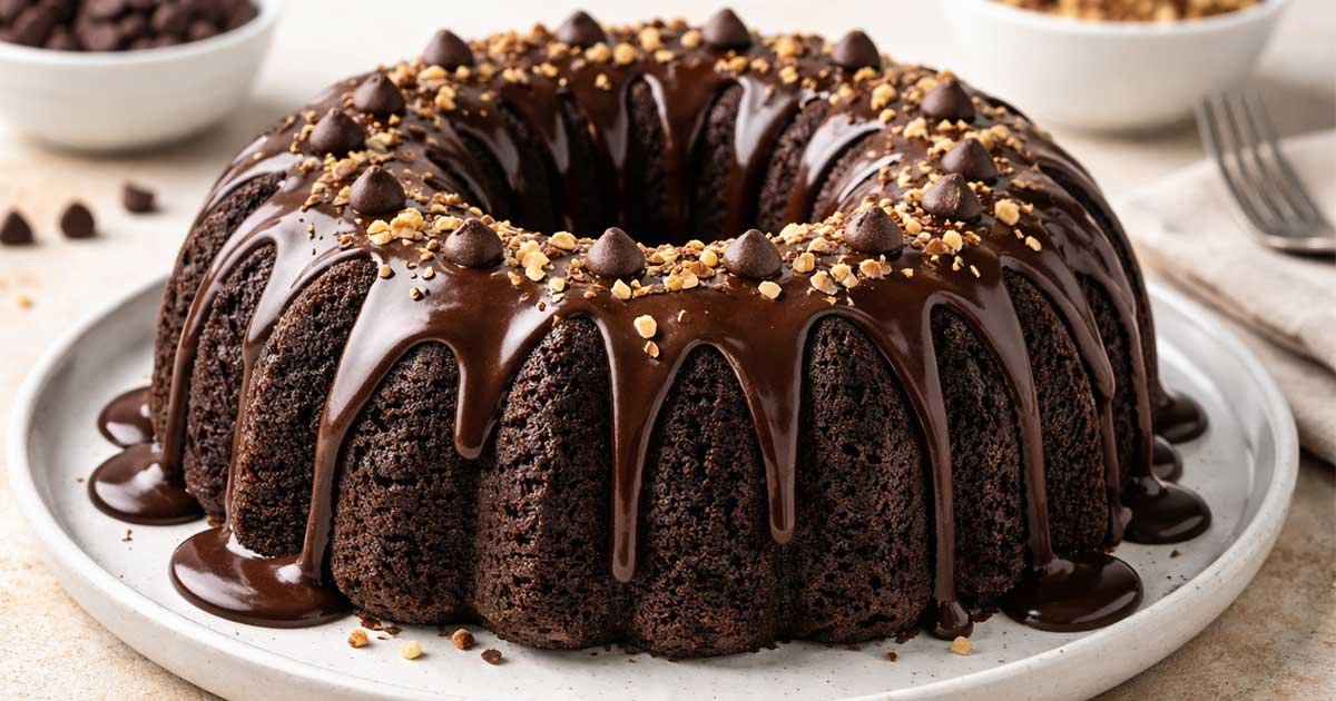 Keto chocolate Bundt cake topped with glossy chocolate glaze and chocolate chips on a serving plate.