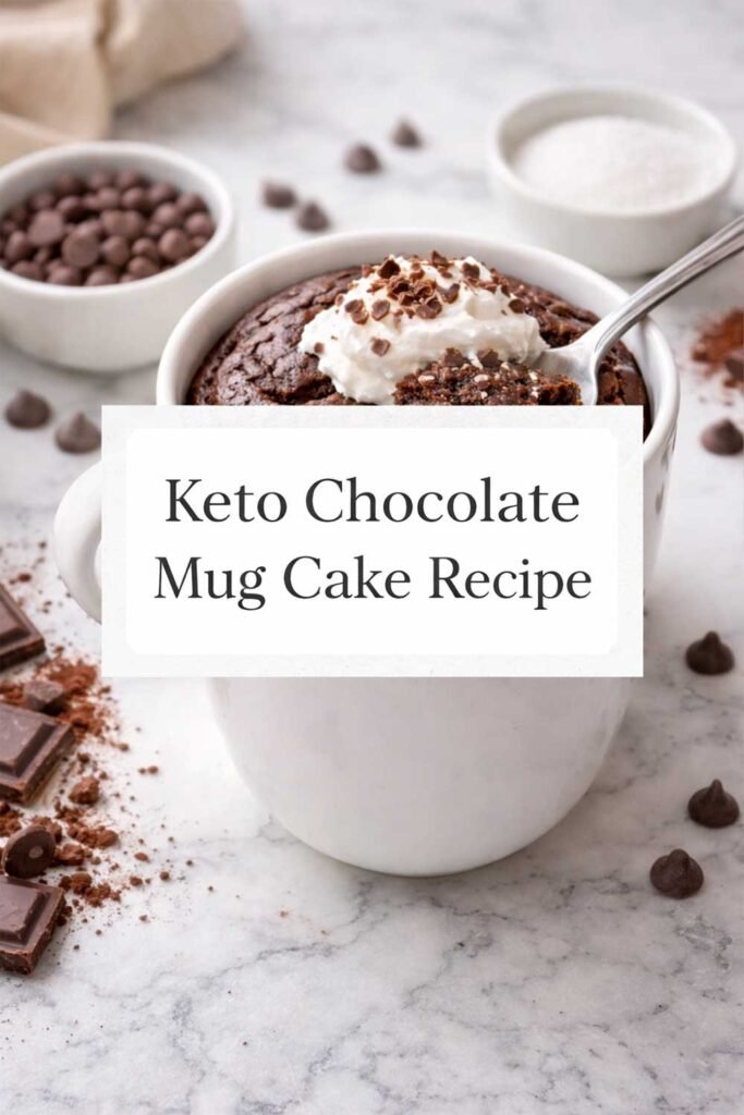 Keto chocolate mug cake with centered title text box.