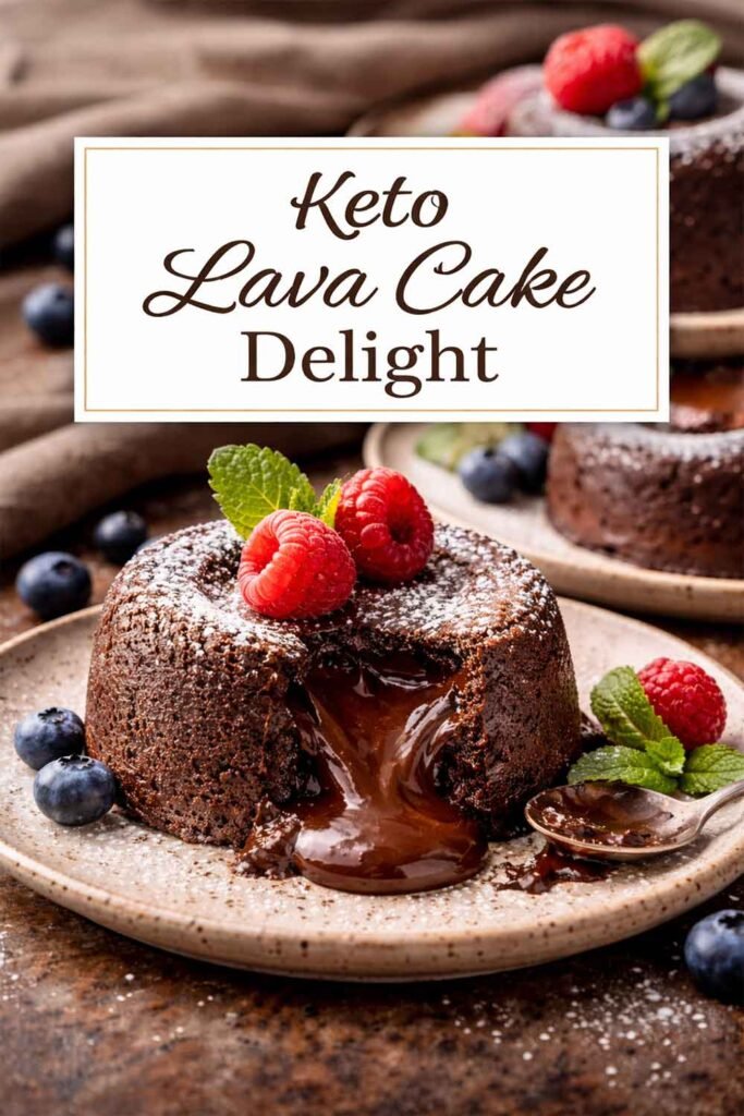 Keto lava cake with melted chocolate center and title text in a box.