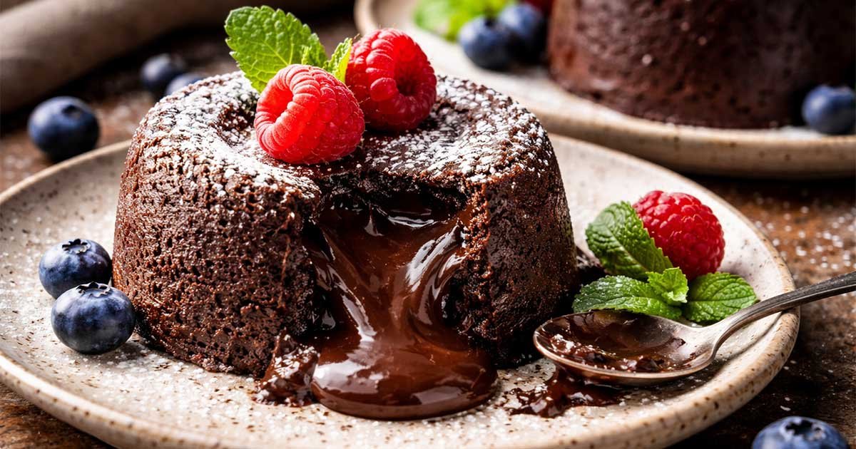 Keto chocolate lava cake with melted center topped with raspberries and mint.