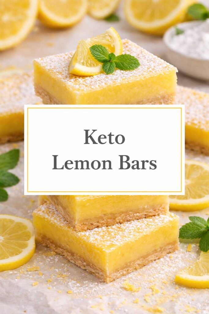 Keto lemon bars stacked with almond crust, topped with lemon slice and mint, text label in center box.