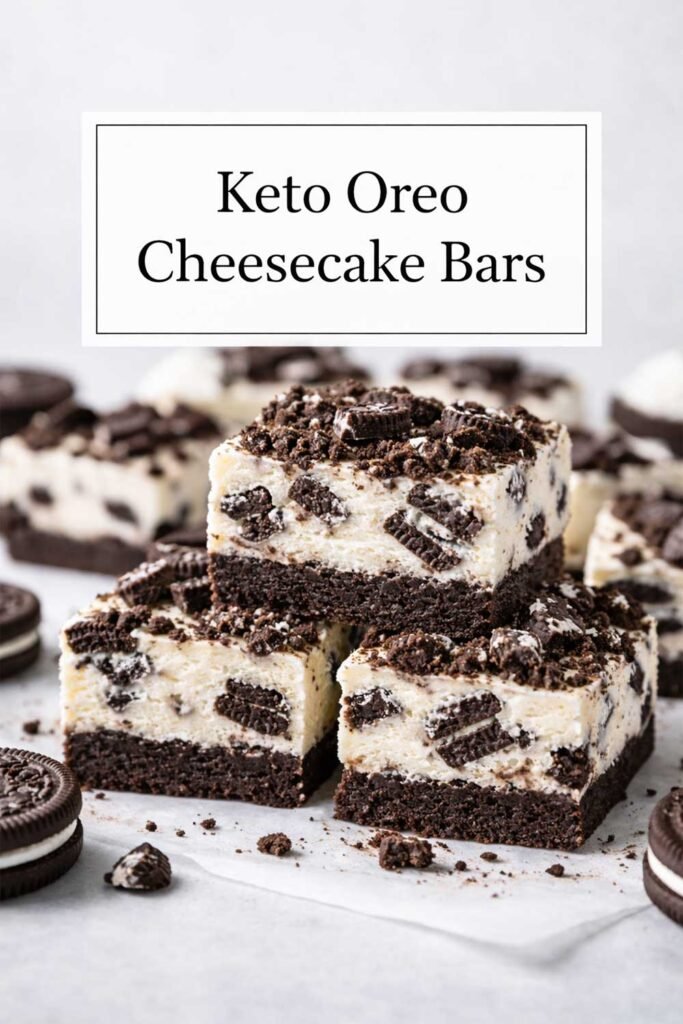 Keto Oreo cheesecake bars with chocolate crust and creamy filling, labeled in center box.
