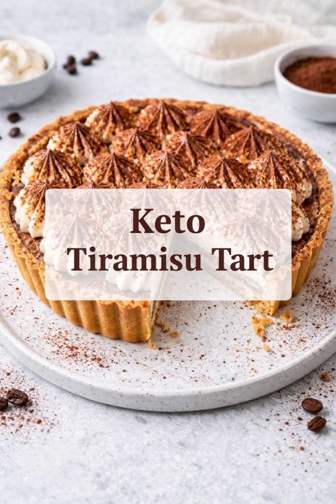 Keto tiramisu tart with cocoa-dusted cream topping and almond crust, text label centered on image.