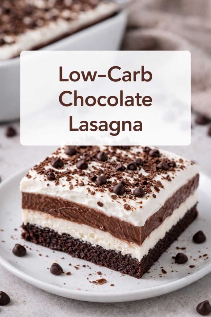 Low-carb chocolate lasagna slice with layered chocolate and cream filling, topped with chocolate chips, text overlay in center.