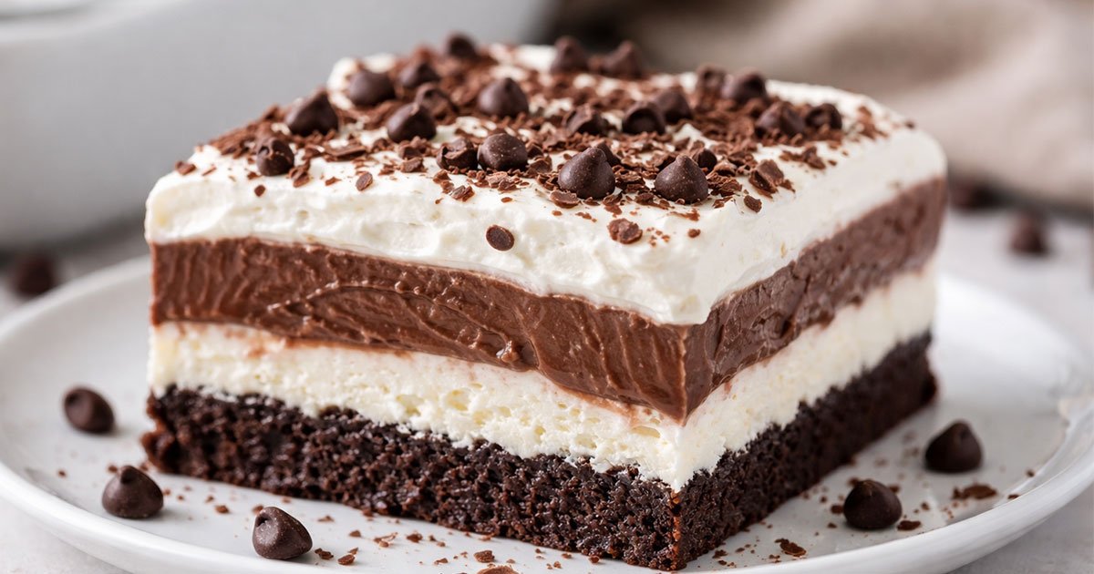 Layered slice of low-carb chocolate lasagna topped with whipped cream and chocolate chips on a white plate.