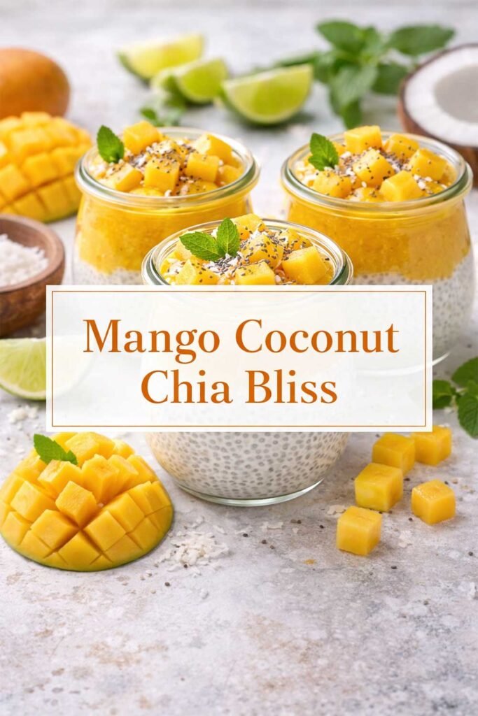 Mango coconut chia pudding jars with mango cubes and centered title box.