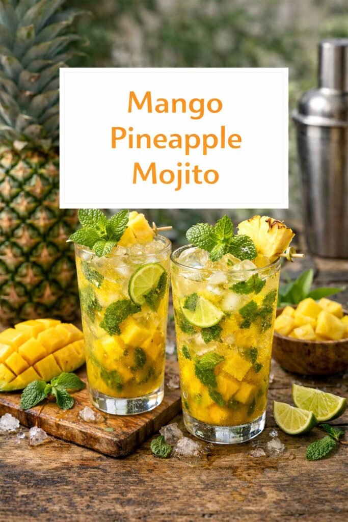 Mango pineapple mojito poster with title text in center box.