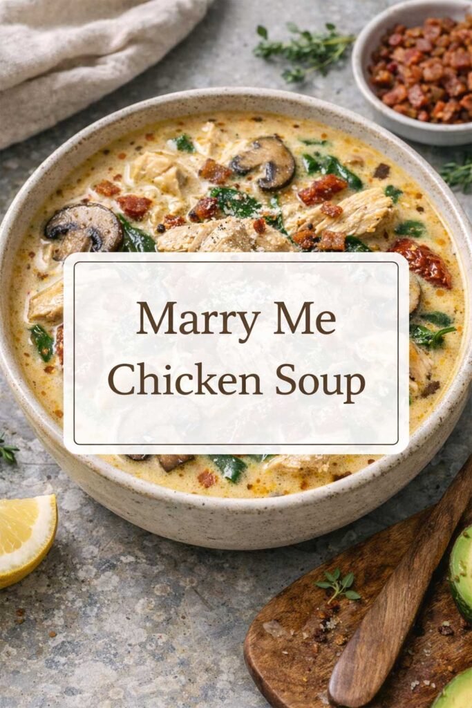 Creamy Marry Me Chicken Soup with text label in center on a rustic background.