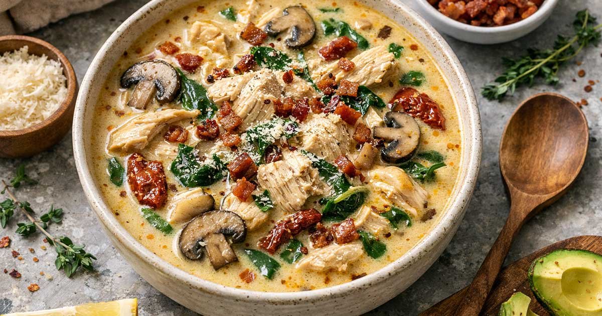 Creamy keto chicken soup with mushrooms, spinach, sun-dried tomatoes, and crispy bacon in a rustic bowl.