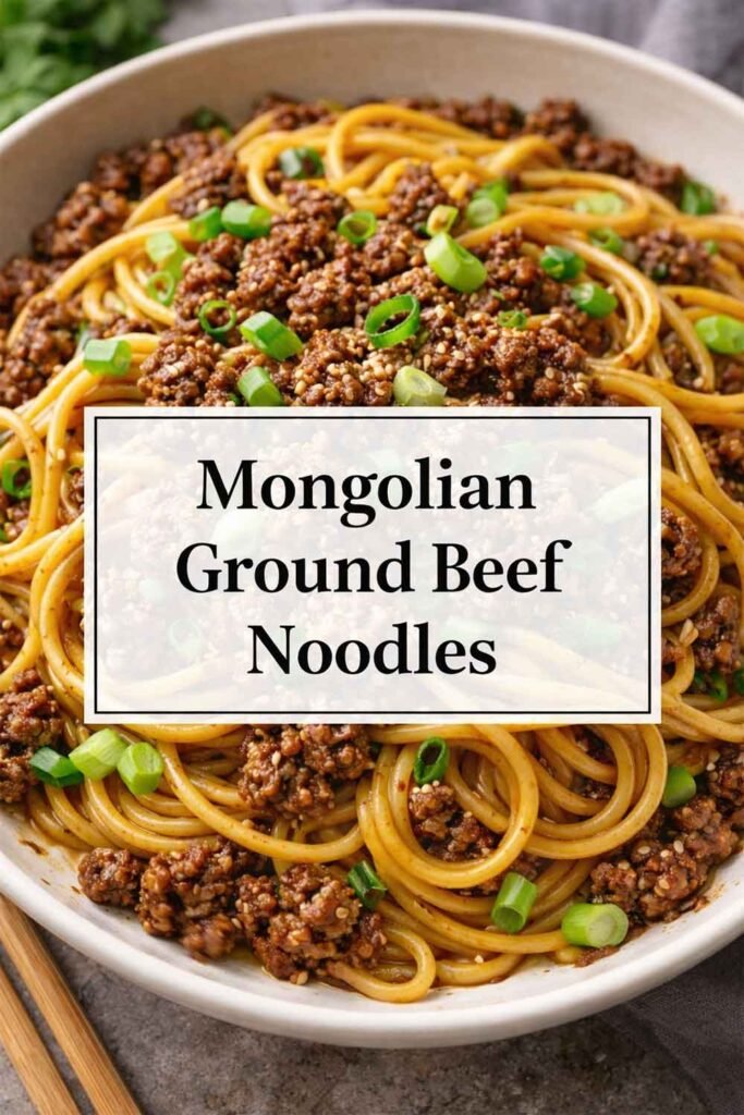 Mongolian ground beef noodles with text label in center box.