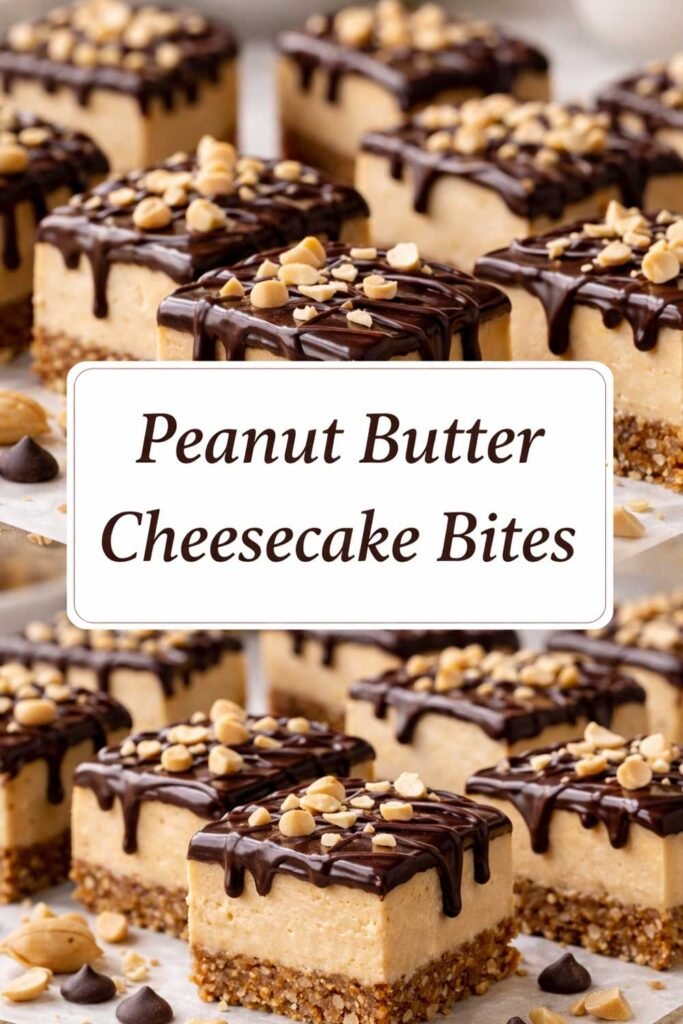 Peanut butter cheesecake bites with chocolate drizzle and nuts