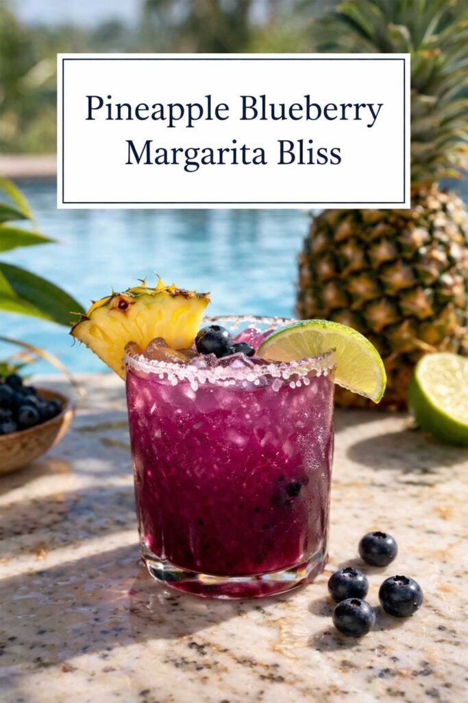 Pineapple blueberry margarita with title text in center box