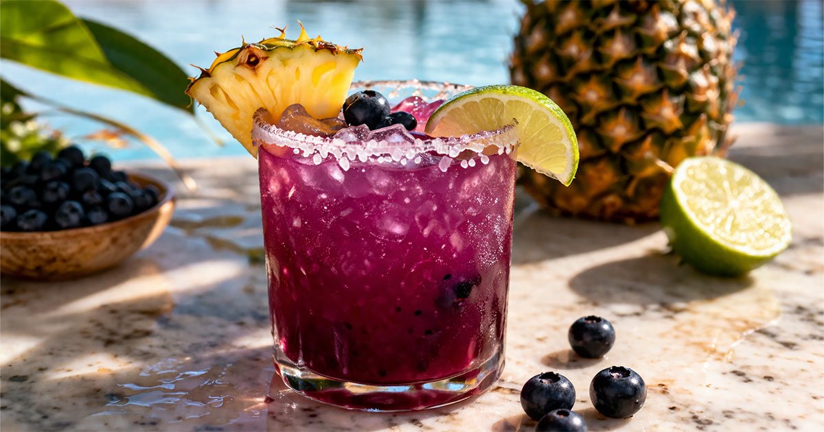 Purple pineapple blueberry margarita with lime wedge and salted rim.