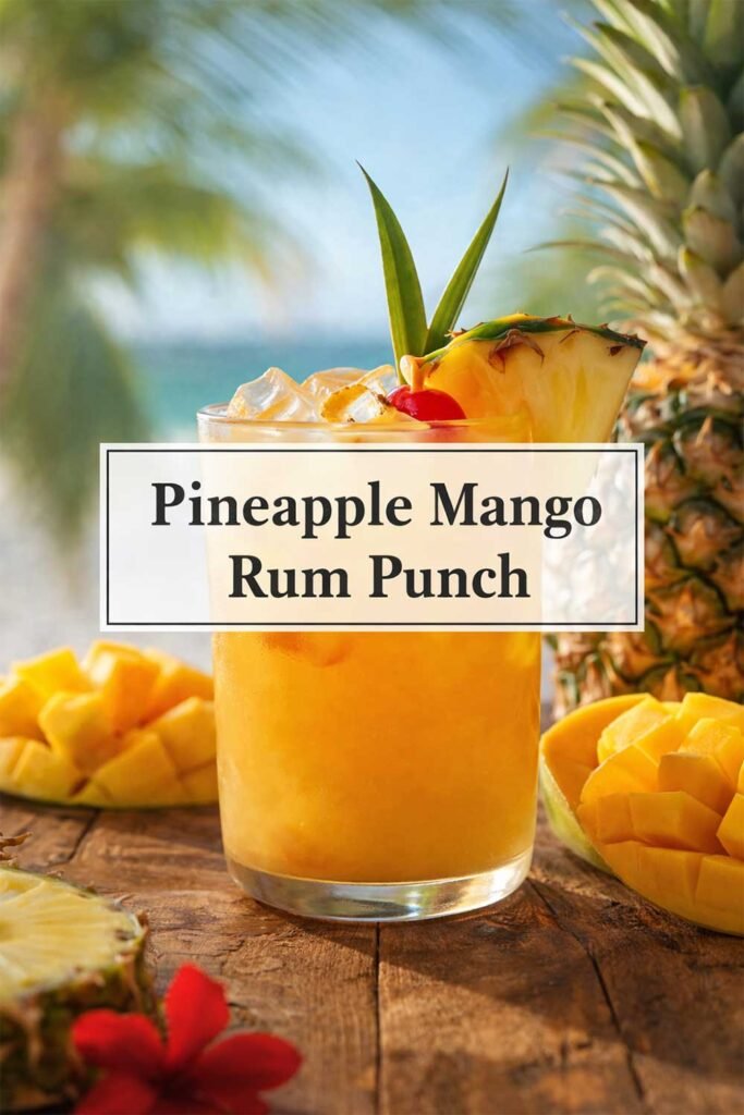 Pineapple Mango Rum Punch poster with centered title box over tropical drink image.