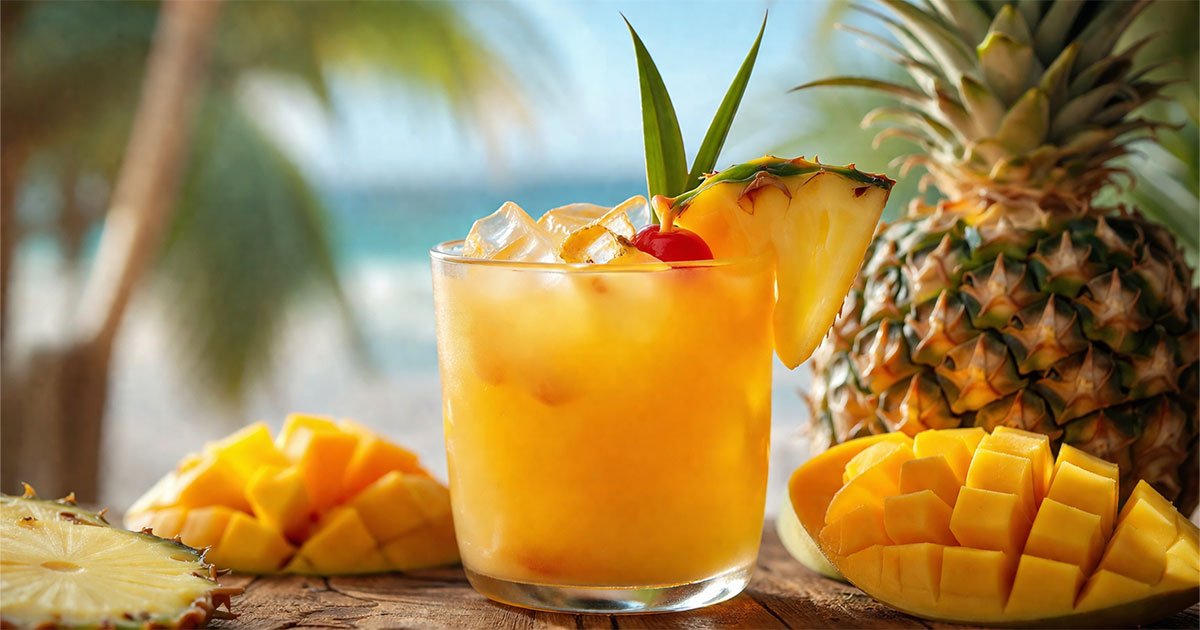 Tropical pineapple mango rum punch with ice, pineapple wedge, and mango cubes on a wooden table.