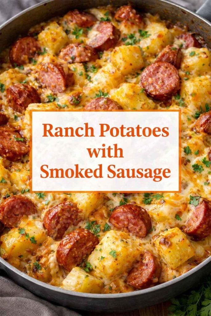 Ranch potatoes with smoked sausage topped with melted cheese and herbs, with recipe title text overlay.