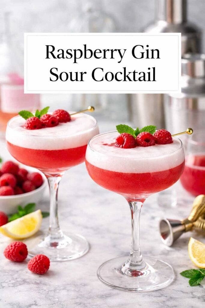 Raspberry gin sour cocktails with foam in coupe glasses, labeled Raspberry Gin Sour Cocktail.