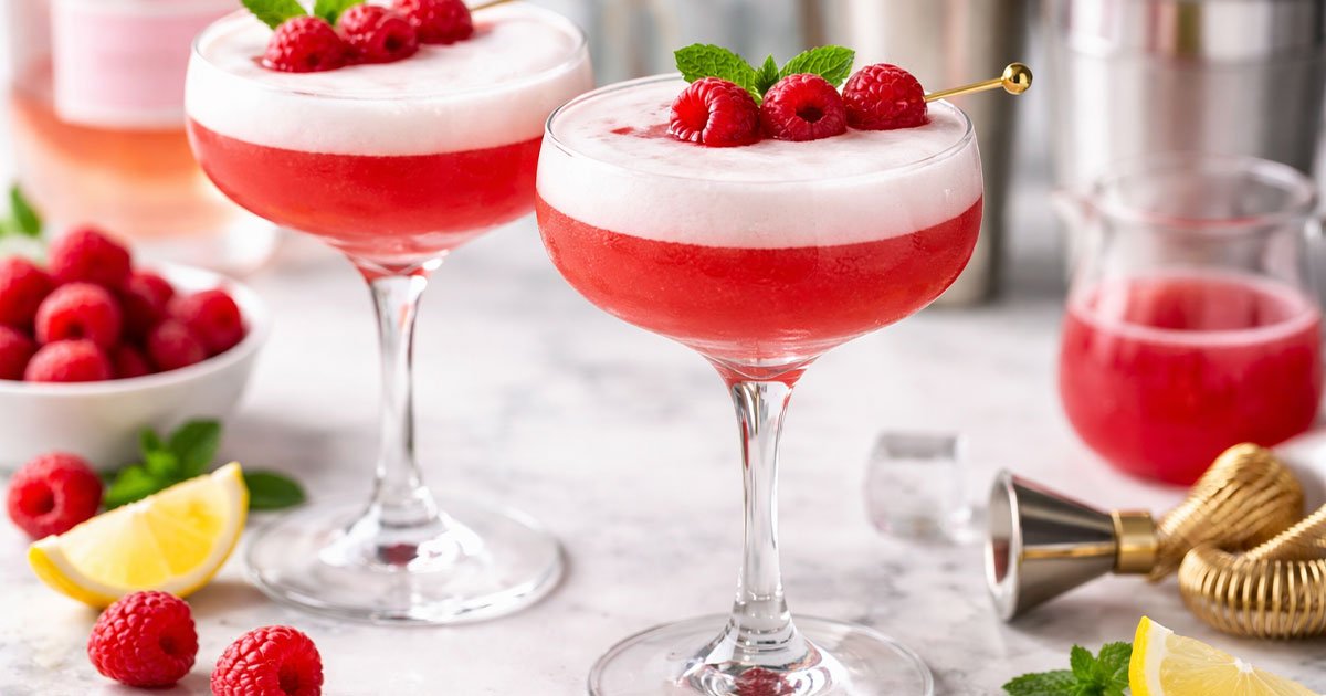 Raspberry gin sour cocktails with foam, garnished with fresh raspberries and mint.