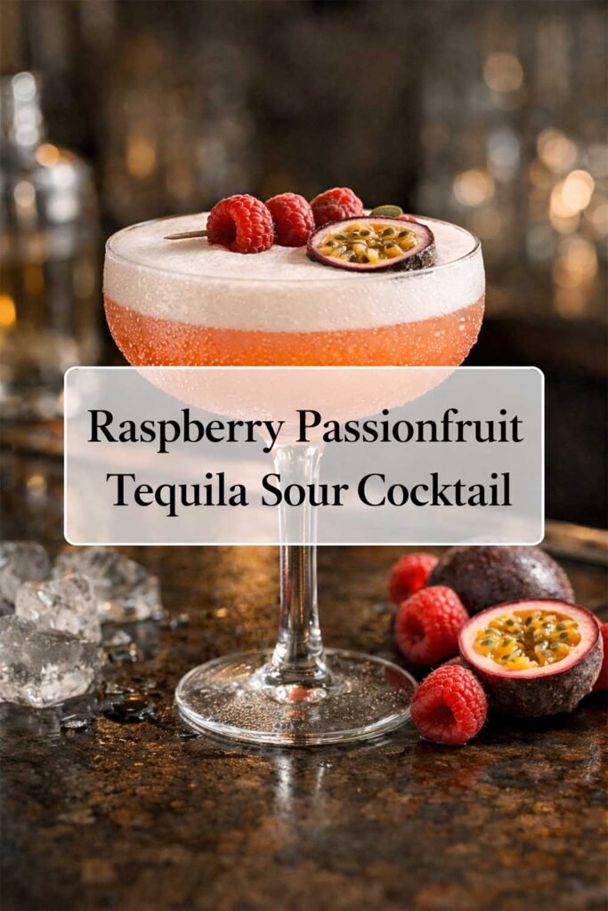 Poster of raspberry passionfruit tequila sour cocktail with title text in center box.