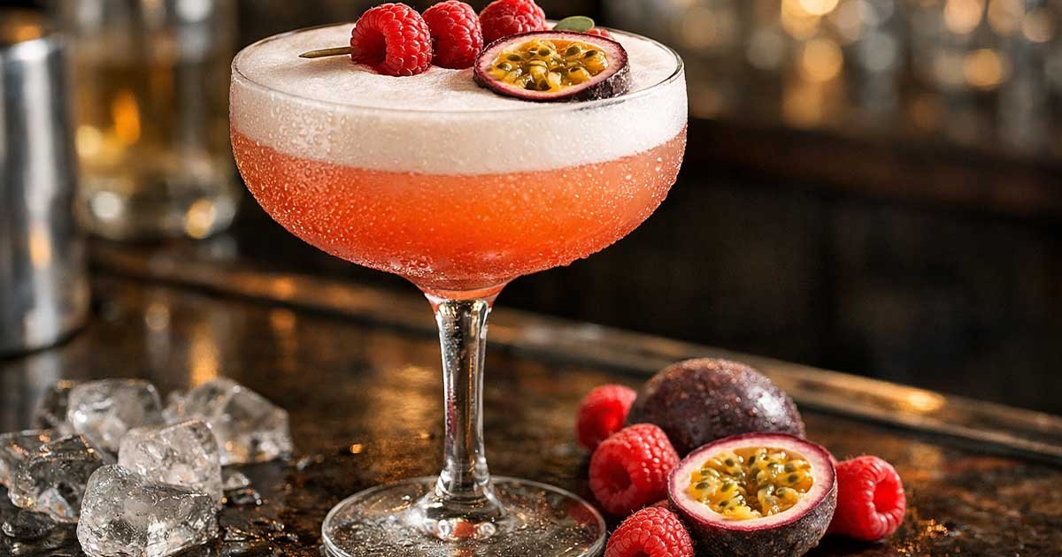 Raspberry passionfruit tequila sour cocktail with frothy top in coupe glass, garnished with raspberries and passionfruit.
