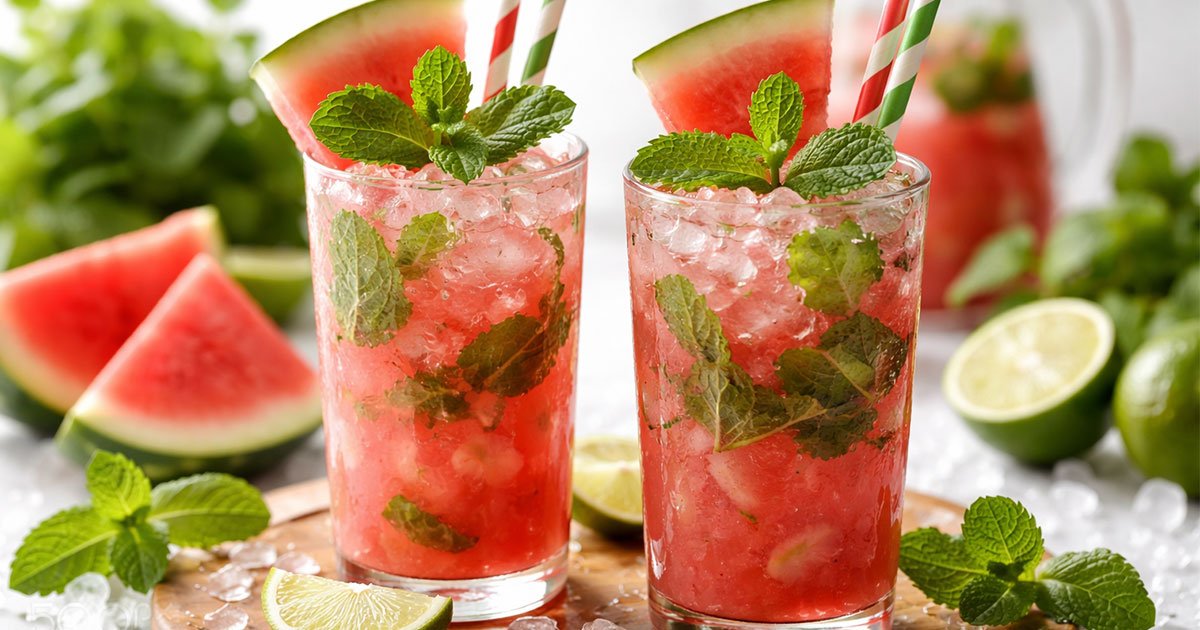 Refreshing watermelon mint mojito mocktail with crushed ice, lime wedges, and fresh mint in clear glasses.
