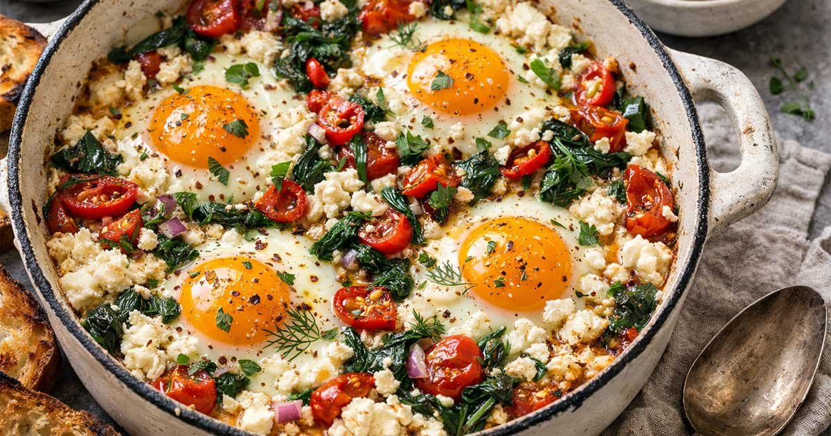 Savory baked feta eggs with cherry tomatoes and spinach in a rustic pan.