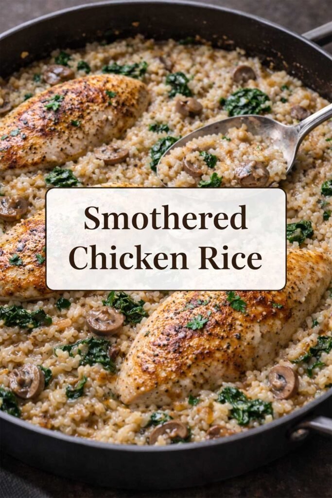 Smothered chicken rice in a pan with creamy rice, mushrooms, and spinach, text label in center.